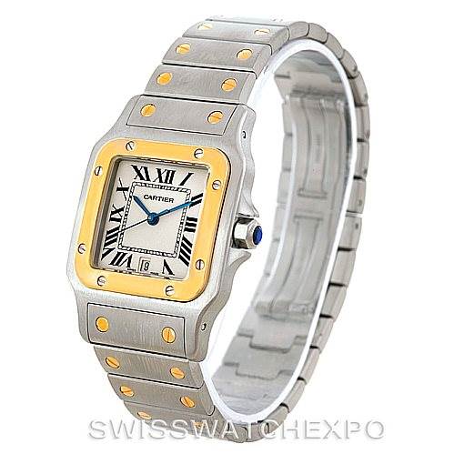 The image shows a Cartier Santos W20011C4 Men
s Stainless Steel Silver Dial W20011C4 Men
s Stainless Steel Silver Dial watch at a three-quarter angle, highlighting the face, bezel, and metal bracelet with gold accents.