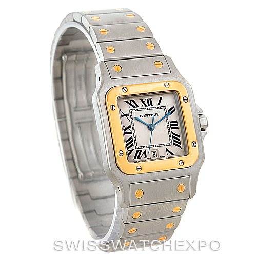 This image shows a frontal angled view of the Cartier Santos W20011C4 Men
s Stainless Steel Silver Dial W20011C4 Men
s Stainless Steel Silver Dial watch, highlighting the face, bezel, and bracelet.