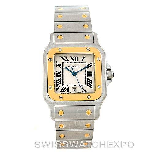 The image shows a front view of a Santos model Cartier watch, highlighting the face, bezel, and bracelet.