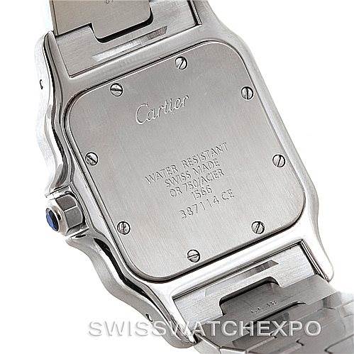 The image shows the back of a Cartier Santos W20011C4 Men
s Stainless Steel Silver Dial W20011C4 Men
s Stainless Steel Silver Dial watch, highlighting the case back and part of the bracelet.