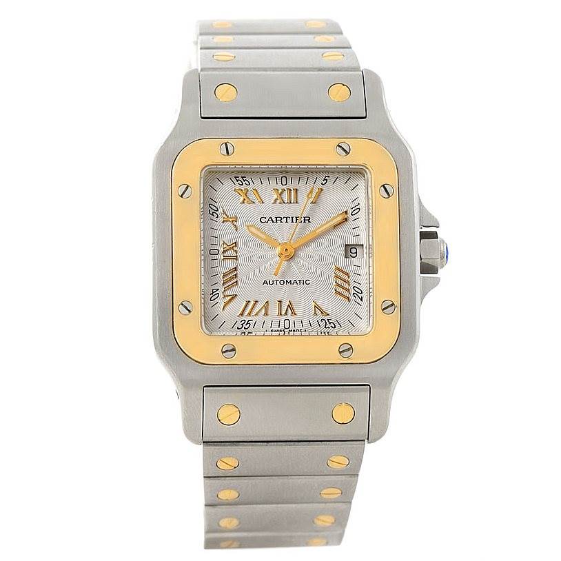 The image shows a front view of the Cartier Santos W20058C4 Men
s Stainless Steel Silver Dial W20058C4 Men
s Stainless Steel Silver Dial watch, highlighting its dial, bracelet, and bezel.