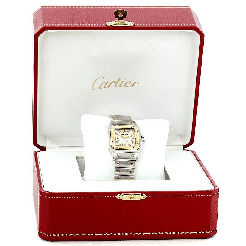 The Cartier Santos W20058C4 Men
s Stainless Steel Silver Dial W20058C4 Men
s Stainless Steel Silver Dial watch is displayed in its open case, showing the face and part of the bracelet.