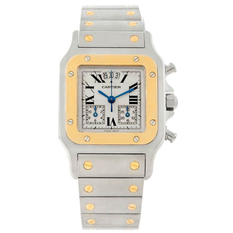 This image shows a front view of the Cartier Santos W20042C4 Men
s Stainless Steel Silver Dial W20042C4 Men
s Stainless Steel Silver Dial watch, highlighting its face, bezel, and part of the bracelet.