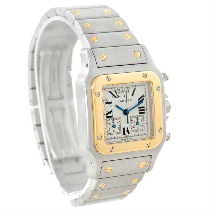 This image shows a Santos model by Cartier from a front-left angle, highlighting the dial, bezel, and bracelet.