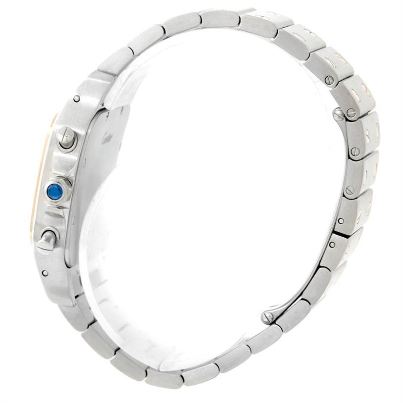 The image shows a side view of the Cartier Santos W20042C4 Men
s Stainless Steel Silver Dial W20042C4 Men
s Stainless Steel Silver Dial model watch, highlighting its metal band and crown.