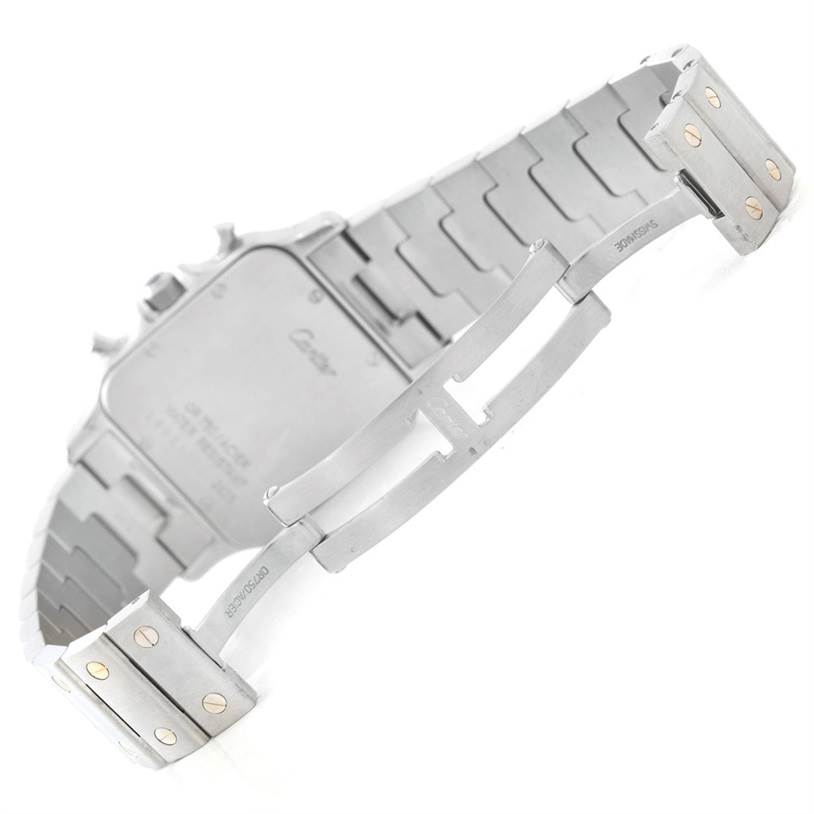 This image shows the rear view of the Cartier Santos W20042C4 Men
s Stainless Steel Silver Dial W20042C4 Men
s Stainless Steel Silver Dial watch, focusing on its clasp and bracelet links.