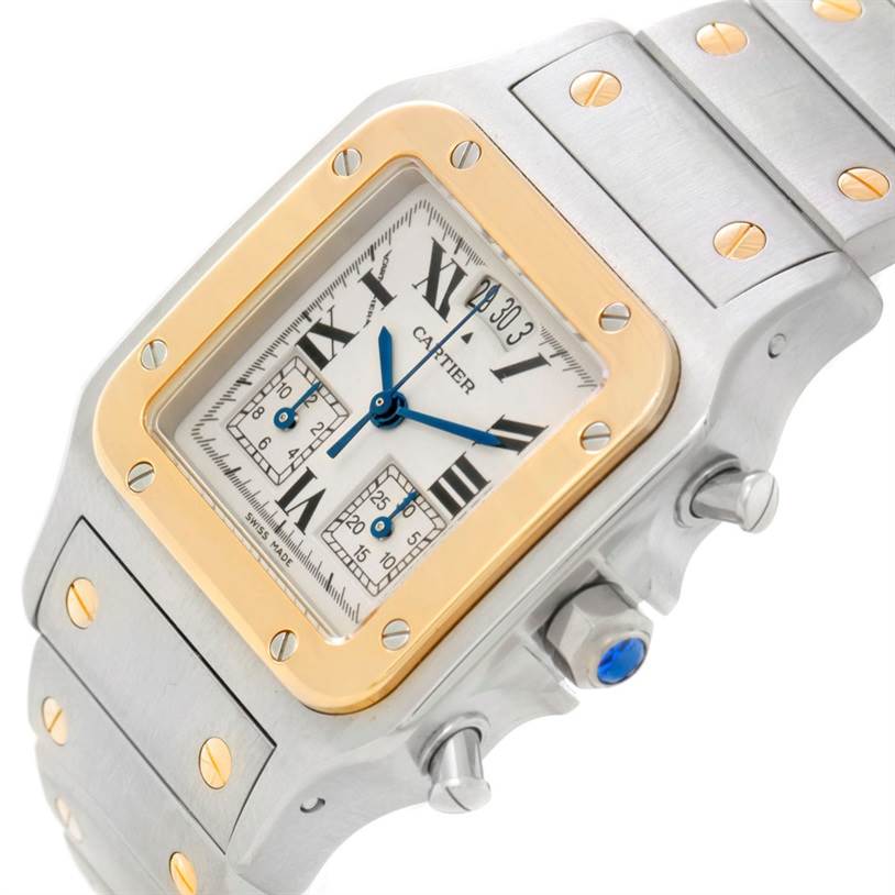 The image shows a close-up angle of the Cartier Santos W20042C4 Men
s Stainless Steel Silver Dial W20042C4 Men
s Stainless Steel Silver Dial watch, highlighting the dial, bezel, and part of the metal bracelet.