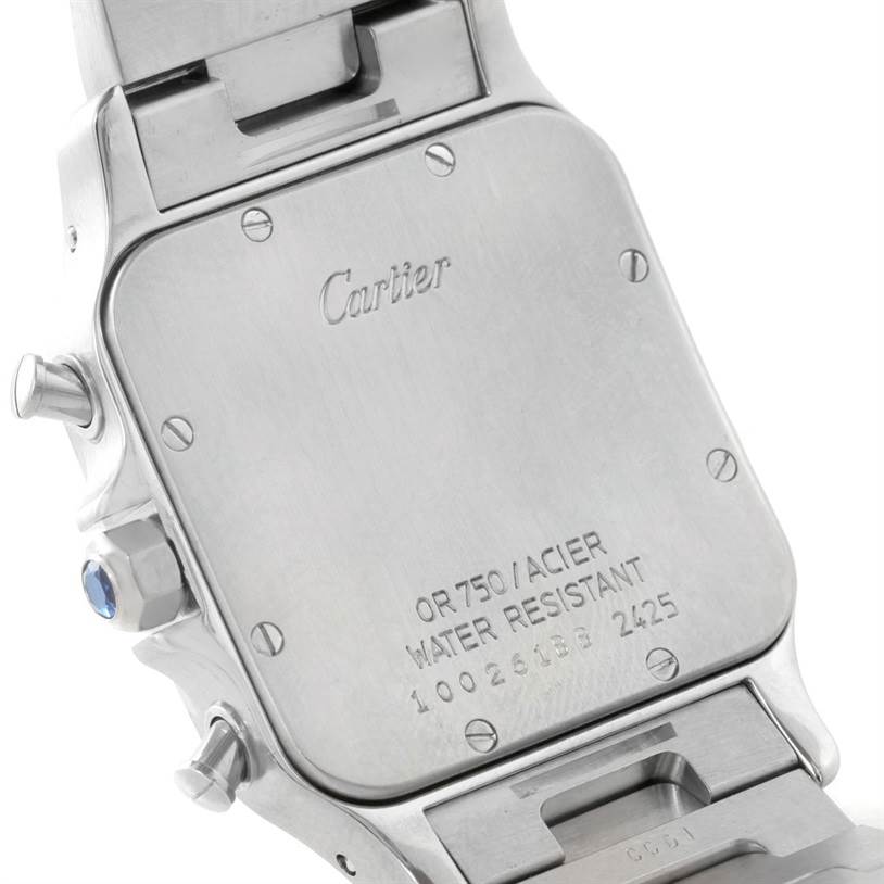 The image shows the back case and part of the bracelet of a Santos model watch by Cartier.