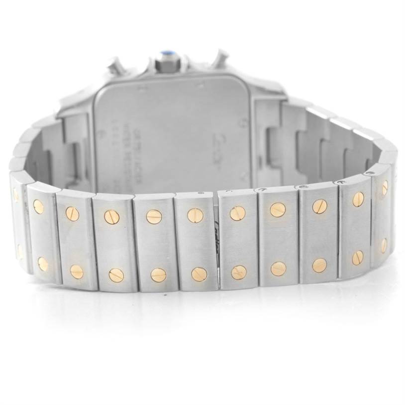 The image shows the back view of a Santos model by Cartier, focusing on the bracelet and clasp.