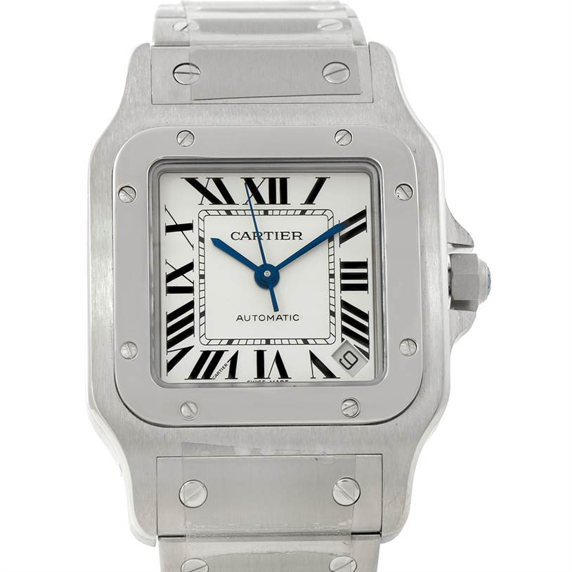 The Cartier Santos W20098D6 Men
s Stainless Steel Silver Dial W20098D6 Men
s Stainless Steel Silver Dial watch is shown from the front, displaying its square dial, Roman numerals, and stainless steel bracelet.
