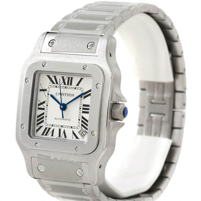 The image shows a Cartier Santos W20098D6 Men
s Stainless Steel Silver Dial W20098D6 Men
s Stainless Steel Silver Dial watch at a three-quarter angle, highlighting the dial, bezel, screws, crown, and part of the bracelet.