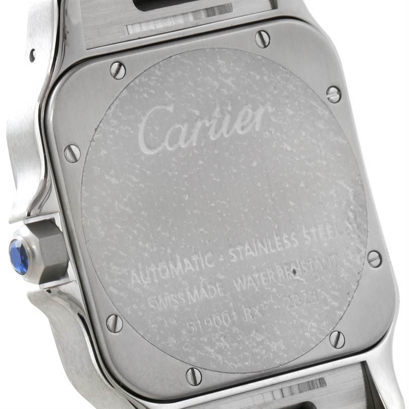 The image shows the back case and crown of a Cartier Santos W20098D6 Men
s Stainless Steel Silver Dial W20098D6 Men
s Stainless Steel Silver Dial watch, highlighting its stainless steel and water resistance details.