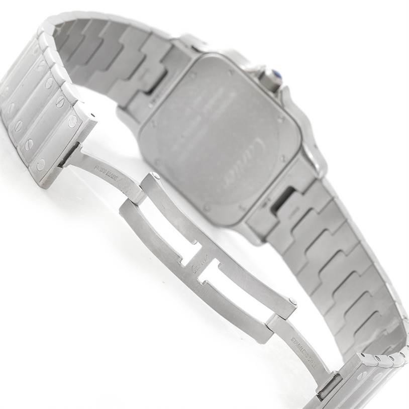 The image shows the back case and stainless steel bracelet clasp of a Cartier Santos W20098D6 Men
s Stainless Steel Silver Dial W20098D6 Men
s Stainless Steel Silver Dial watch.