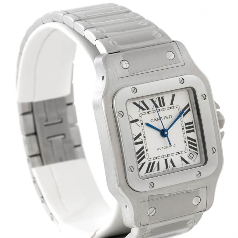 The image shows a Cartier Santos W20098D6 Men
s Stainless Steel Silver Dial W20098D6 Men
s Stainless Steel Silver Dial watch angled to display the face, bezel, crown, and part of the bracelet.