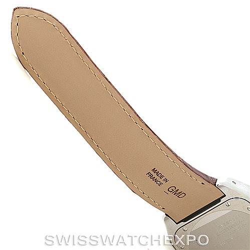 The image shows the back side of a Cartier Santos W20073X8 Men
s Stainless Steel Silver Dial W20073X8 Men
s Stainless Steel Silver Dial watch strap, highlighting its "Made in France" marking.