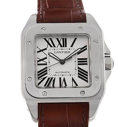 This image shows a frontal view of a Cartier Santos W20073X8 Men
s Stainless Steel Silver Dial W20073X8 Men
s Stainless Steel Silver Dial watch, highlighting the square dial, Roman numerals, and leather strap.