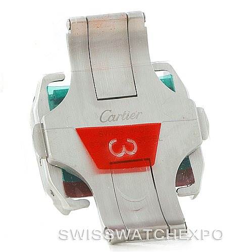 This image shows a close-up angle of the clasp mechanism for the Santos model by Cartier.