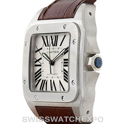 The image shows a Cartier Santos W20073X8 Men
s Stainless Steel Silver Dial W20073X8 Men
s Stainless Steel Silver Dial watch at a side angle, highlighting the bezel, dial, crown, and leather strap.