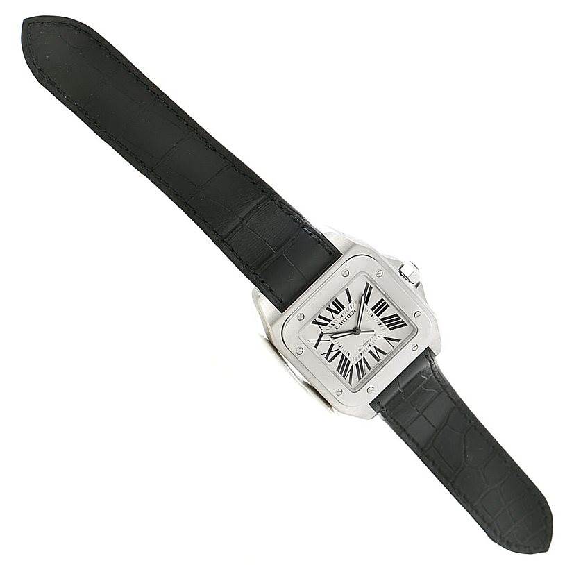 This image shows the front and full band of a Cartier Santos W20073X8 Men
s Stainless Steel Silver Dial W20073X8 Men
s Stainless Steel Silver Dial watch at a slightly tilted angle.