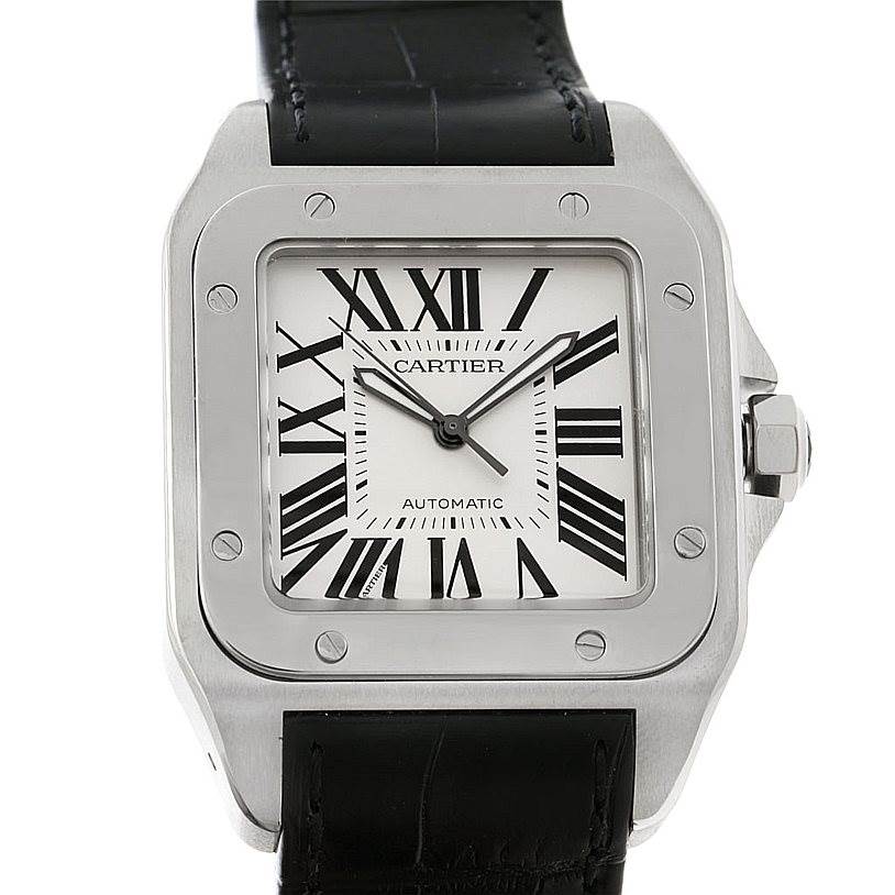 The image shows a front view of a Santos de Cartier watch, displaying its square face, Roman numerals, and black leather strap.