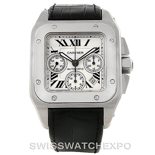 The image shows a front view of a Cartier Santos W20090X8 Men
s Stainless Steel Silver Dial W20090X8 Men
s Stainless Steel Silver Dial watch, featuring a square face, black leather strap, and chronograph dials.
