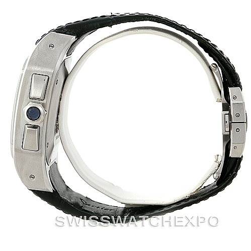 This image shows a Cartier Santos W20090X8 Men
s Stainless Steel Silver Dial W20090X8 Men
s Stainless Steel Silver Dial watch from a side angle, highlighting the case, crown, pushers, and strap.
