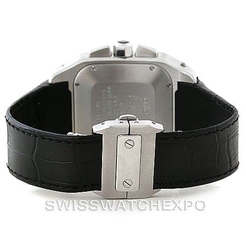 This image shows the Cartier Santos W20090X8 Men
s Stainless Steel Silver Dial W20090X8 Men
s Stainless Steel Silver Dial watch from the back, featuring its black strap and clasp.