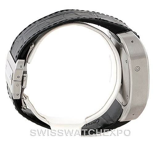 The image shows a Cartier Santos W20090X8 Men
s Stainless Steel Silver Dial W20090X8 Men
s Stainless Steel Silver Dial watch from a side angle, highlighting its case, bezel, and black leather strap.