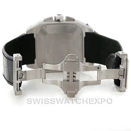This image shows the back of a Cartier Santos W20090X8 Men
s Stainless Steel Silver Dial W20090X8 Men
s Stainless Steel Silver Dial watch, highlighting the clasp mechanism and black leather strap.