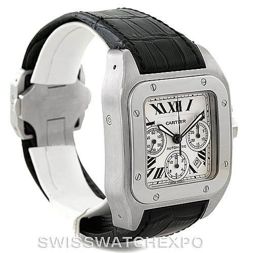 The image shows a side angle view of a Cartier Santos W20090X8 Men
s Stainless Steel Silver Dial W20090X8 Men
s Stainless Steel Silver Dial watch, highlighting the face, bezel, and black leather strap.