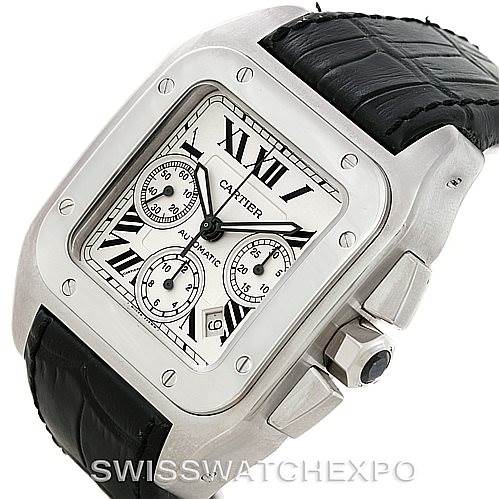 The image shows a Cartier Santos W20090X8 Men
s Stainless Steel Silver Dial W20090X8 Men
s Stainless Steel Silver Dial watch with a silver square case, black leather strap, and side buttons, viewed at a slight angle.
