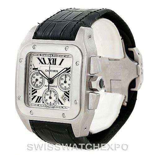 The Cartier Santos W20090X8 Men
s Stainless Steel Silver Dial W20090X8 Men
s Stainless Steel Silver Dial model watch is shown at a slight angle, highlighting its square case, dial, crown, and black leather strap.