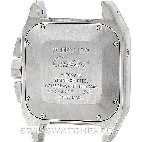 This image shows the back view of a Santos model by Cartier, highlighting the stainless steel case and engravings.
