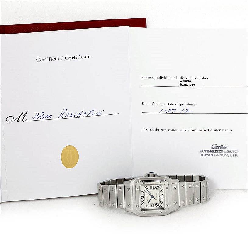 The image shows a Cartier Santos W20098D6 Men's Stainless Steel Silver Dial W20098D6 Men's Stainless Steel Silver Dial watch along with its certificate and purchase documentation.