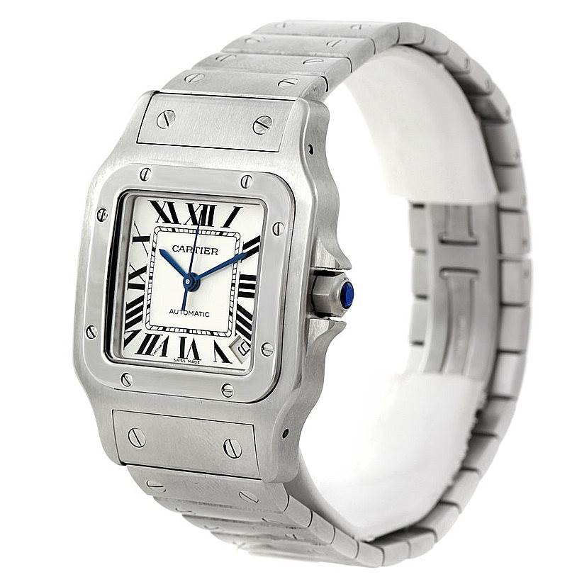 This image shows a Cartier Santos W20098D6 Men's Stainless Steel Silver Dial W20098D6 Men's Stainless Steel Silver Dial model watch at a three-quarter angle, displaying the face, bezel, and part of the bracelet.