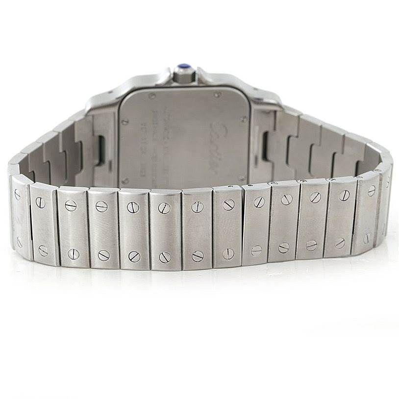 This image shows the back and bracelet of a Cartier Santos W20098D6 Men's Stainless Steel Silver Dial W20098D6 Men's Stainless Steel Silver Dial watch, highlighting its metal links and screws.