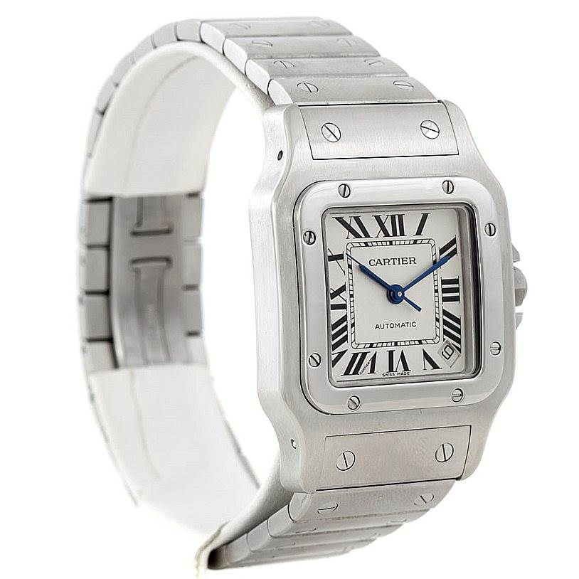 The image shows a side and front angle of a Cartier Santos W20098D6 Men's Stainless Steel Silver Dial W20098D6 Men's Stainless Steel Silver Dial watch, highlighting its face, bezel, dial, and bracelet.