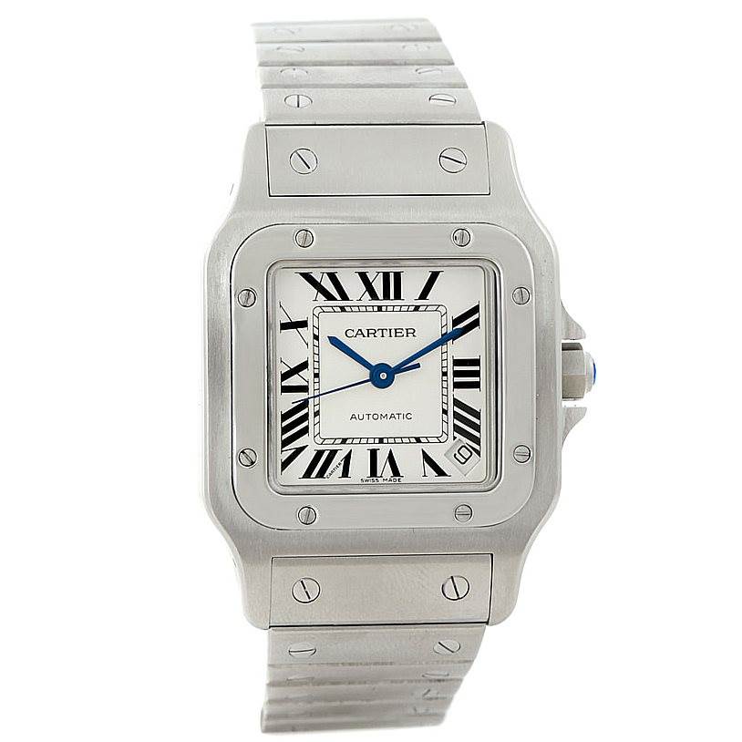 The Cartier Santos W20098D6 Men's Stainless Steel Silver Dial W20098D6 Men's Stainless Steel Silver Dial watch is shown from a front angle, displaying its face, bracelet, and crown.