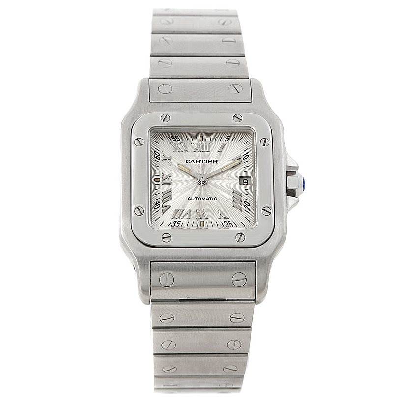 This image shows a face-on view of a Cartier Santos W20055D6 Men's Stainless Steel Silver Dial W20055D6 Men's Stainless Steel Silver Dial watch, including its dial, bezel, and bracelet.