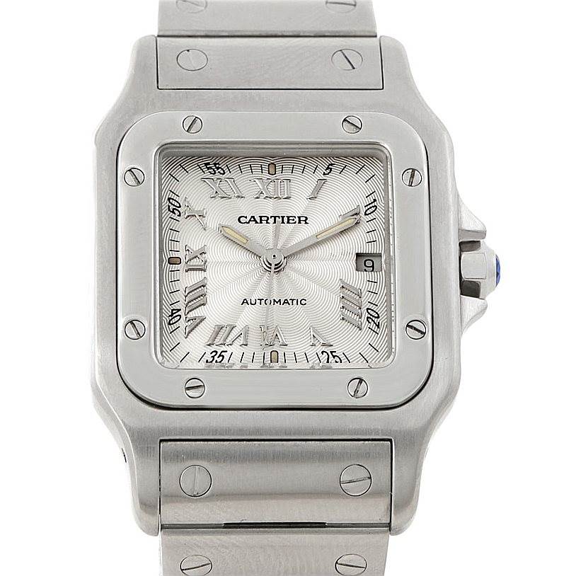 The image shows a front view of a Cartier Santos W20055D6 Men's Stainless Steel Silver Dial W20055D6 Men's Stainless Steel Silver Dial model watch, highlighting its square face, bezel, and part of the bracelet.