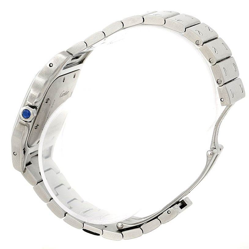 This image shows a side view of a Santos model by Cartier, highlighting the watch's profile and bracelet.