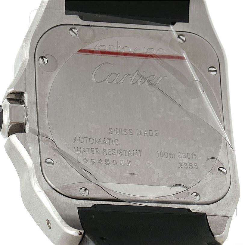The image shows the back case of a Santos model watch by Cartier, highlighting its markings and water resistance.