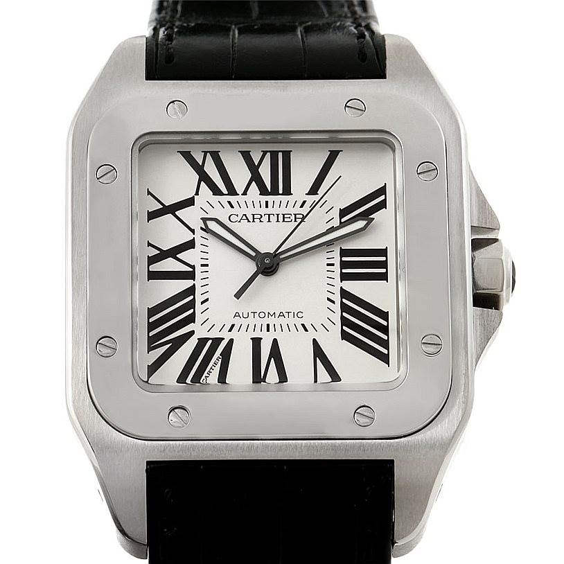 This image shows a Cartier Santos W20073X8 Men
s Stainless Steel Silver Dial W20073X8 Men
s Stainless Steel Silver Dial model watch from a front angle, highlighting its face, bezel, crown, and strap.