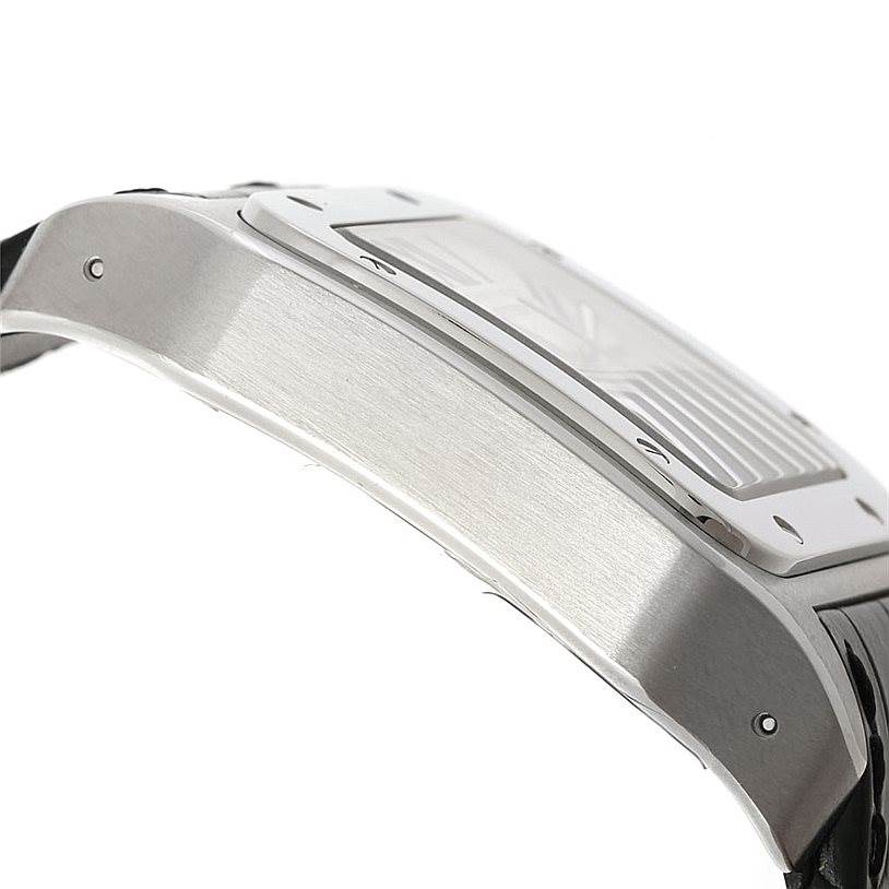 This image shows a side view of the Santos model by Cartier, focusing on the case and part of the strap.