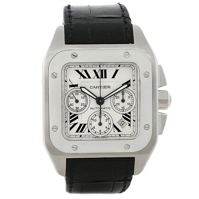 The image shows the front view of a Cartier Santos W20090X8 Men
s Stainless Steel Silver Dial W20090X8 Men
s Stainless Steel Silver Dial watch, highlighting its square dial, Roman numerals, and leather strap.