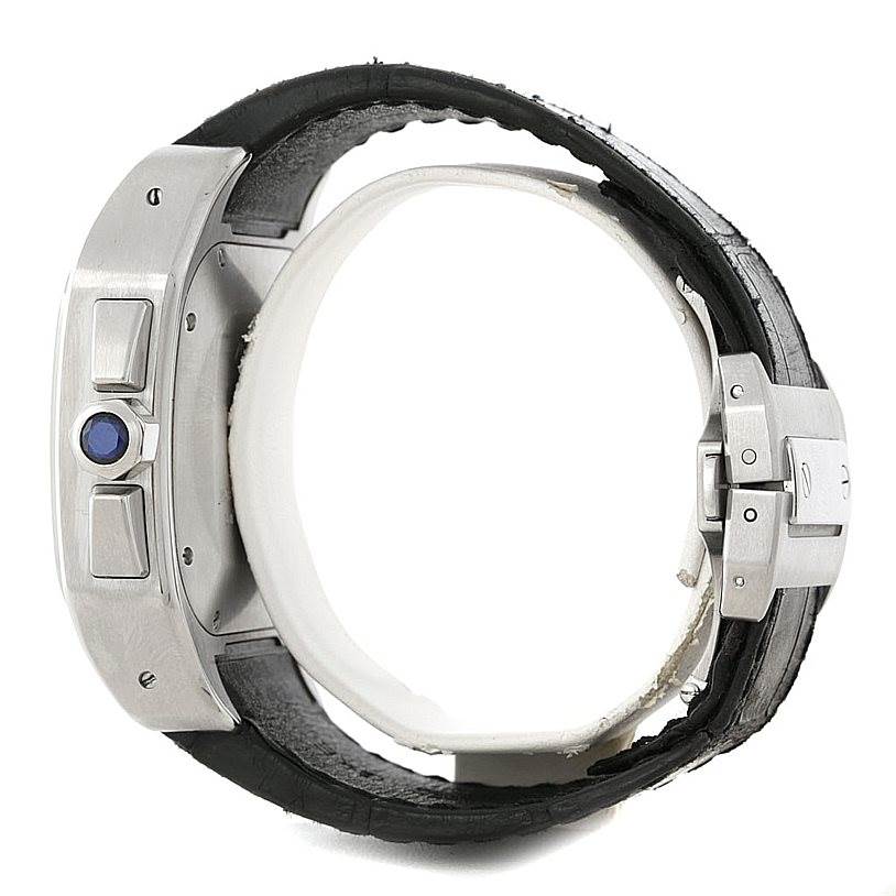 This image shows a side view of a Cartier Santos W20090X8 Men
s Stainless Steel Silver Dial W20090X8 Men
s Stainless Steel Silver Dial watch, focusing on the crown and part of the leather strap.
