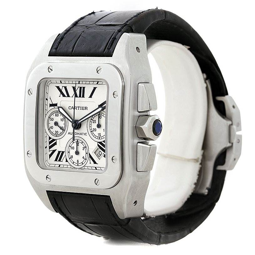 The image shows a Cartier Santos W20090X8 Men
s Stainless Steel Silver Dial W20090X8 Men
s Stainless Steel Silver Dial watch at a slight side angle, highlighting the face, bezel, crown, and black leather strap.