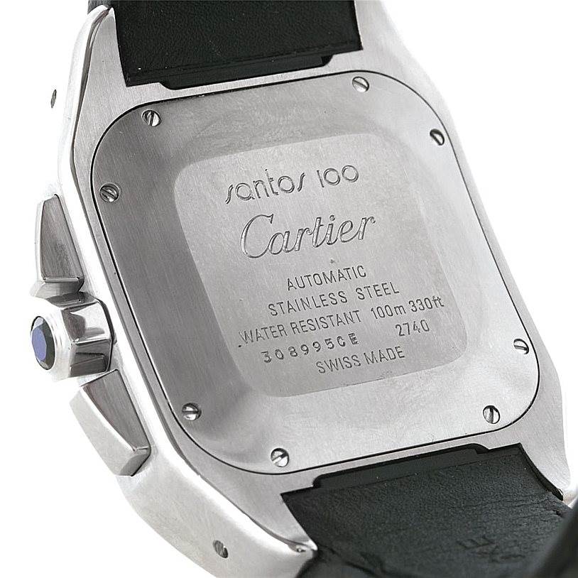 This image shows the back case and part of the strap of a Cartier Santos W20090X8 Men
s Stainless Steel Silver Dial W20090X8 Men
s Stainless Steel Silver Dial model watch.