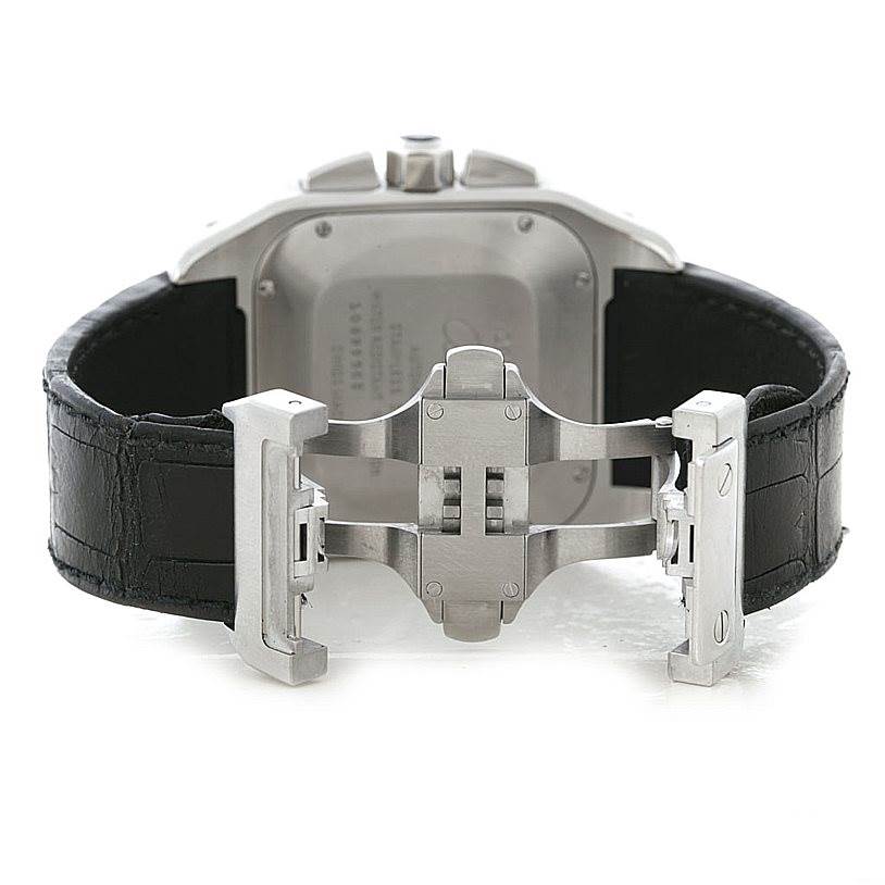 This image shows the back view of a Cartier Santos W20090X8 Men
s Stainless Steel Silver Dial W20090X8 Men
s Stainless Steel Silver Dial watch, focusing on the clasp and leather strap.
