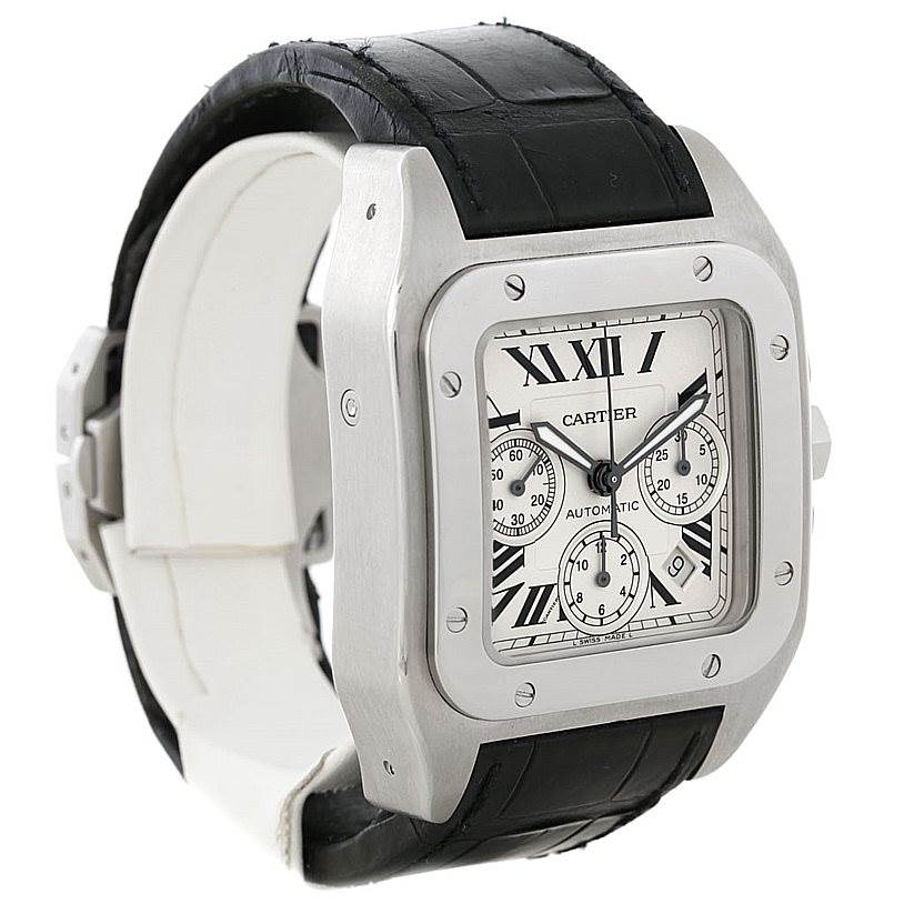 This Cartier Santos W20090X8 Men
s Stainless Steel Silver Dial W20090X8 Men
s Stainless Steel Silver Dial watch is shown at an angle displaying its face, bezel, and black leather strap.
